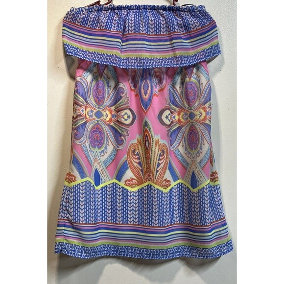 Red Camel Tube Top Knee Length Dress Size Medium Floral Ruffle Elastic - Picture 1 of 7